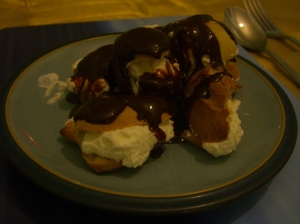 Cream, fat, and chocolate.  On a plate.